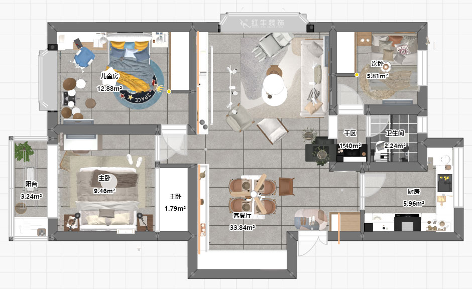 魏明花｜东宝花园12-402-96㎡-现代简约风格｜3室2厅1卫｜二手房装修｜定制家￥161200｜全包12
